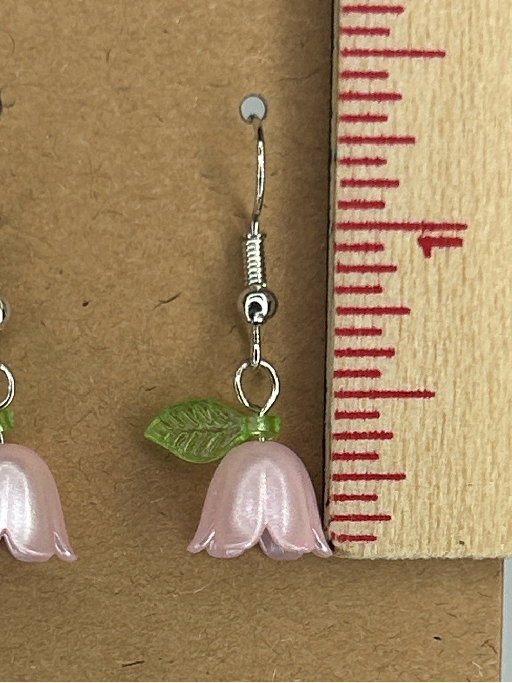 Pink Flower Drop Earrings with Green Leaf Fashion Jewelry - Picture 3 of 4